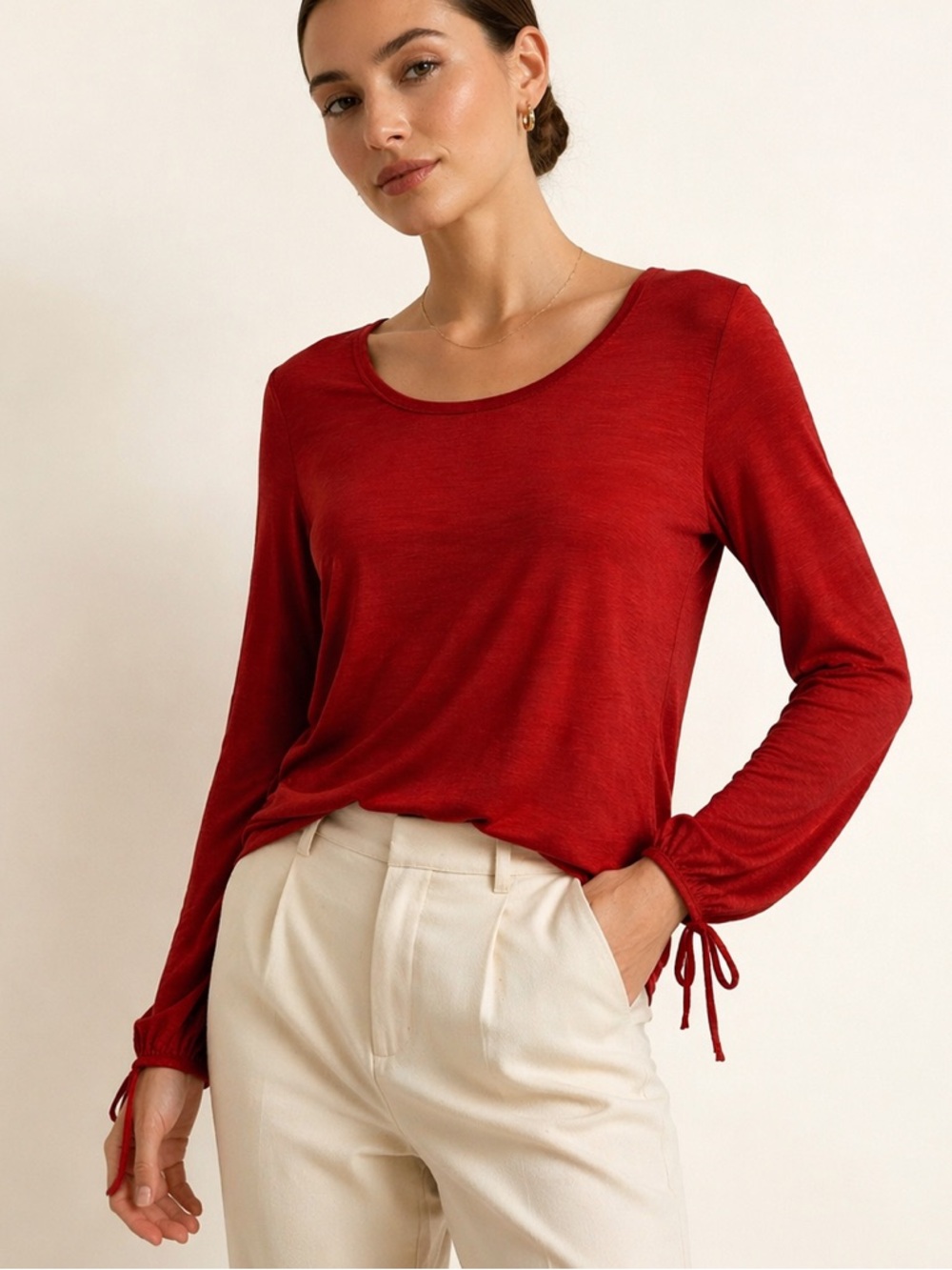 Massimo Dutti Red Knit Top Tie Sleeve Minimalist Capsule Women M Quiet Luxury